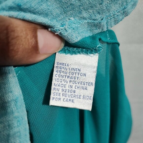 Vtg DG2 Diane Gilman Linen Button Up Top Size M Green Sleeveless Sheer Hi Low - Picture 6 of 7